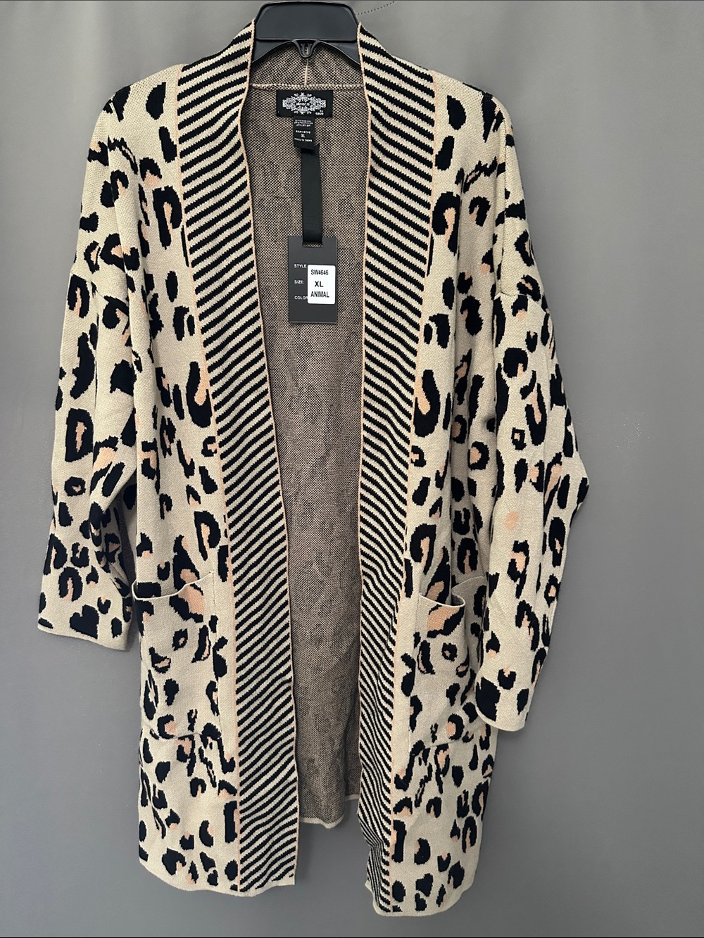 Leopard Cardigan w/ Striped Trim NWT